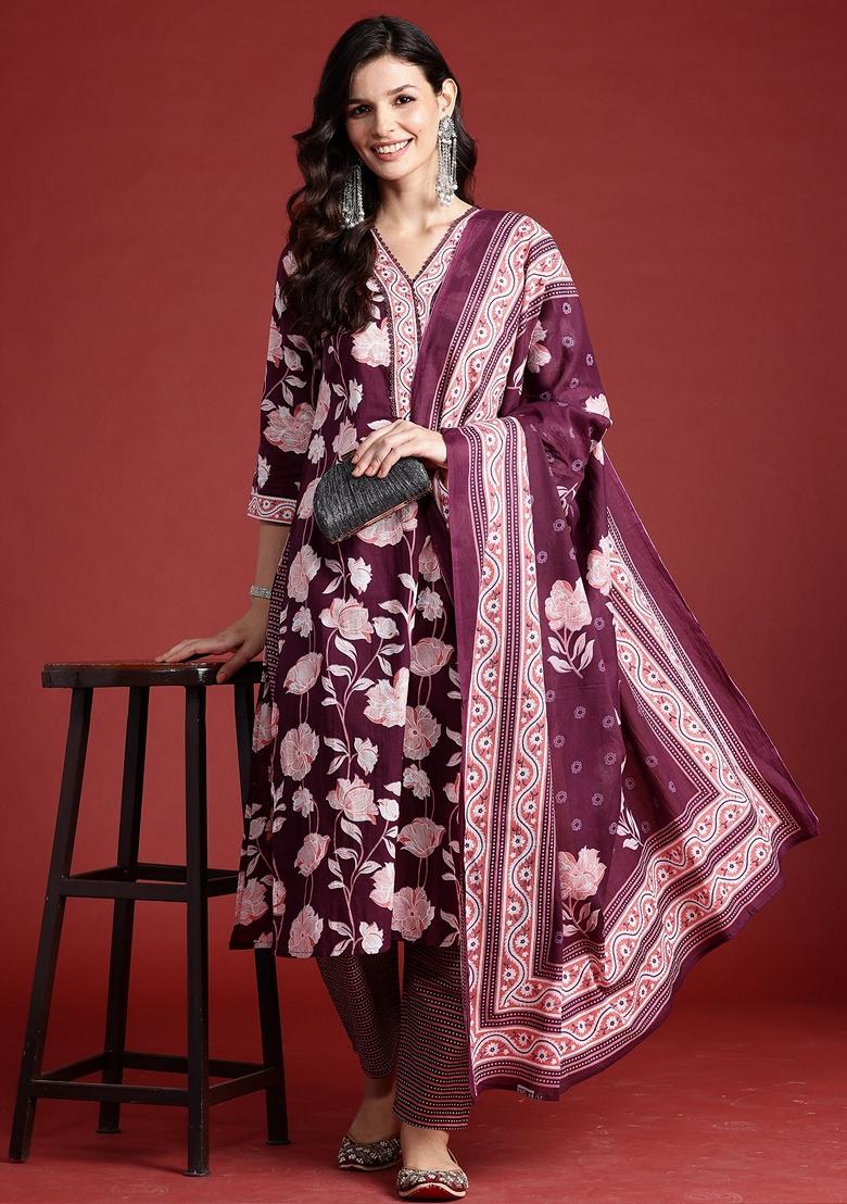 Burgundy Printed Pure Cotton Salwar Kameez With Dupatta