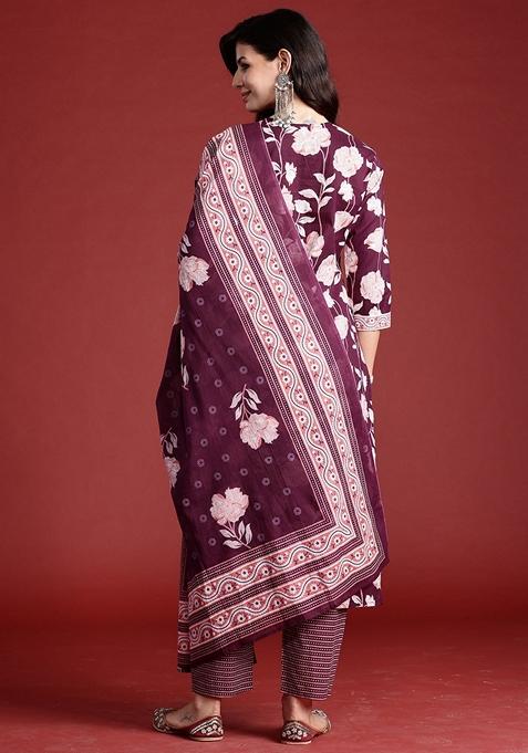 Burgundy Printed Pure Cotton Salwar Kameez With Dupatta