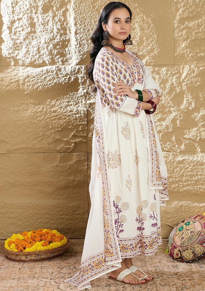 White Printed Pure Cotton Salwar Kameez With Dupatta