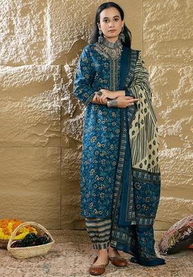 Teal Blue Printed Pure Cotton Salwar Kameez With Dupatta