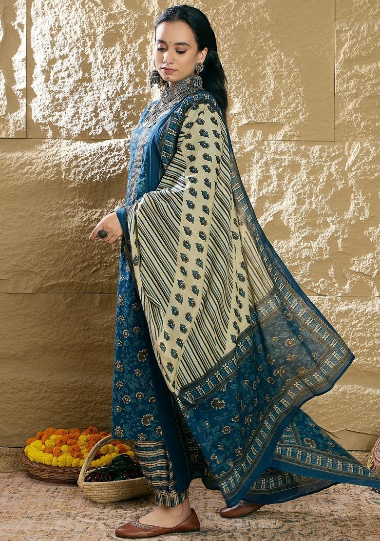 Teal Blue Printed Pure Cotton Salwar Kameez With Dupatta