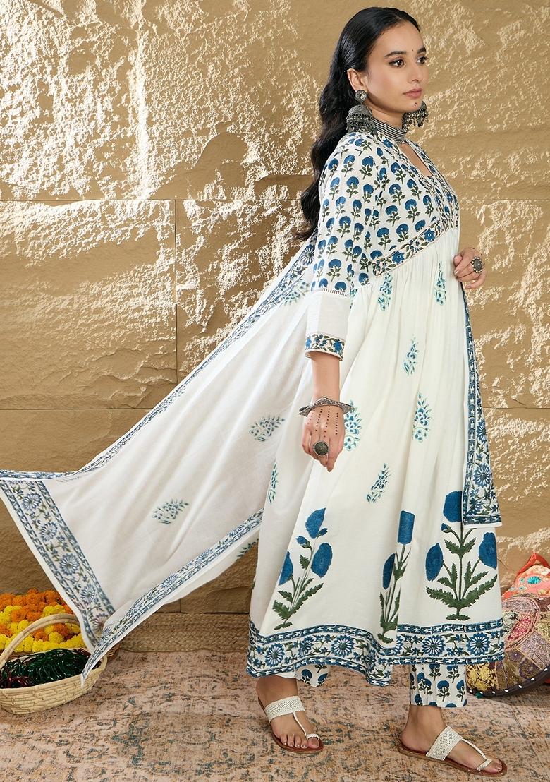 White Printed Pure Cotton Salwar Kameez With Dupatta