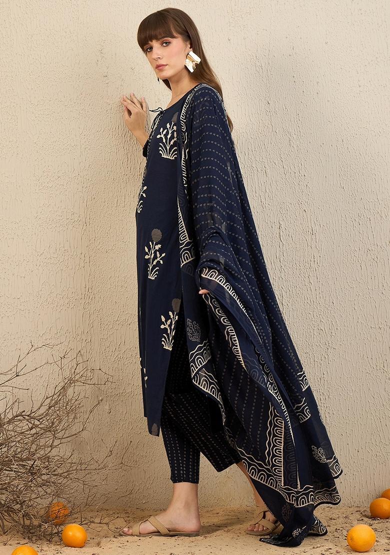Navy Blue Printed Pure Cotton Salwar Kameez With Dupatta