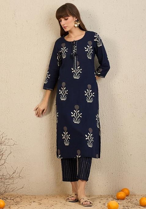 Navy Blue Printed Pure Cotton Salwar Kameez With Dupatta