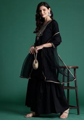 Black Embroidered Liva Sharara Set With Dupatta