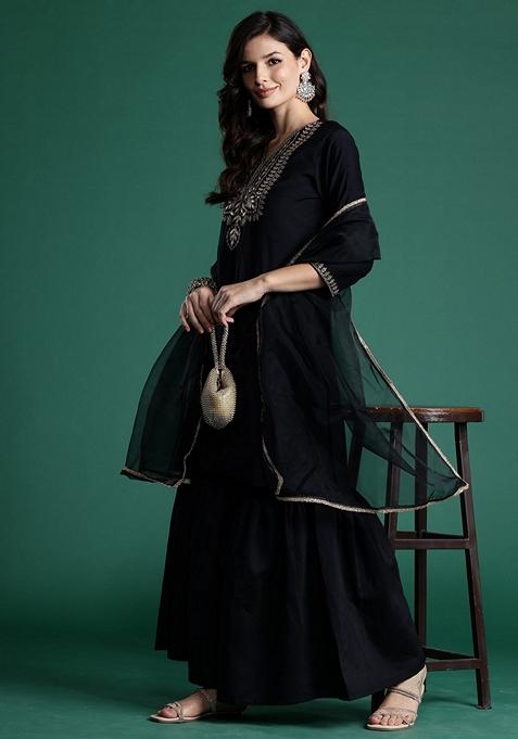Black Embroidered Liva Sharara Set With Dupatta