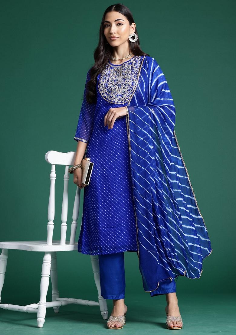 Blue Printed Georgette Salwar Kameez With Dupatta