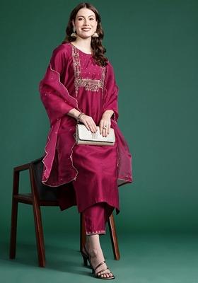 Burgundy Embroidered Liva Salwar Kameez With Dupatta