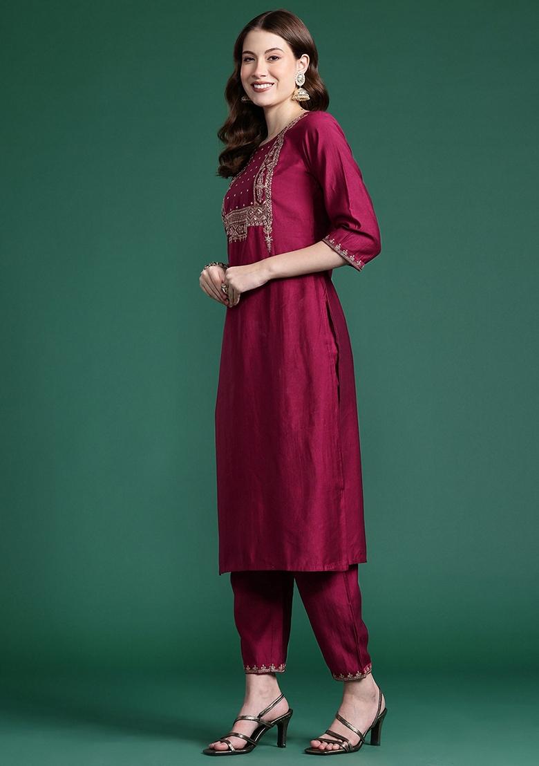 Burgundy Embroidered Liva Salwar Kameez With Dupatta
