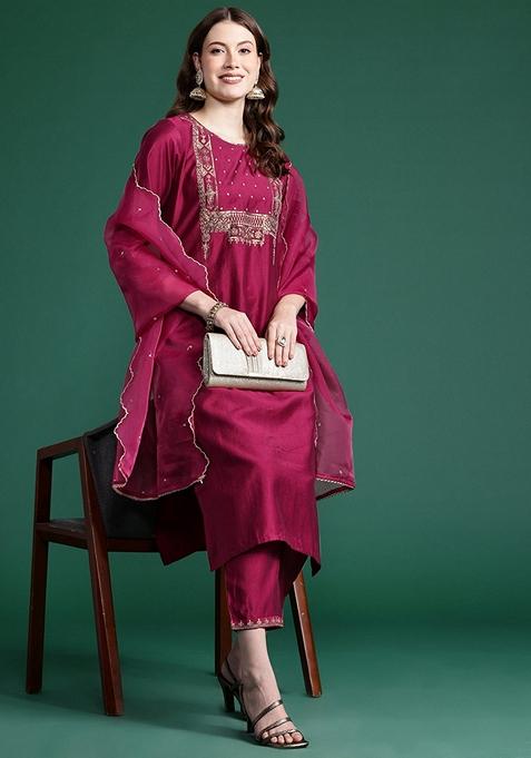 Burgundy Embroidered Liva Salwar Kameez With Dupatta