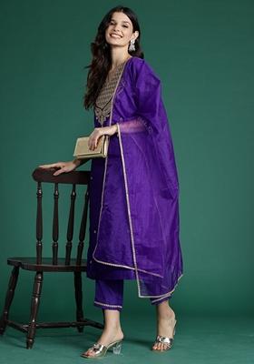 Purple Embroidered Silk Blend Salwar Kameez With Dupatta