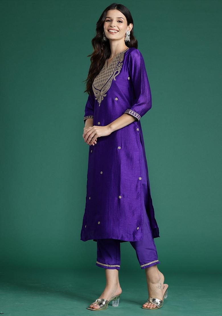 Purple Embroidered Silk Blend Salwar Kameez With Dupatta