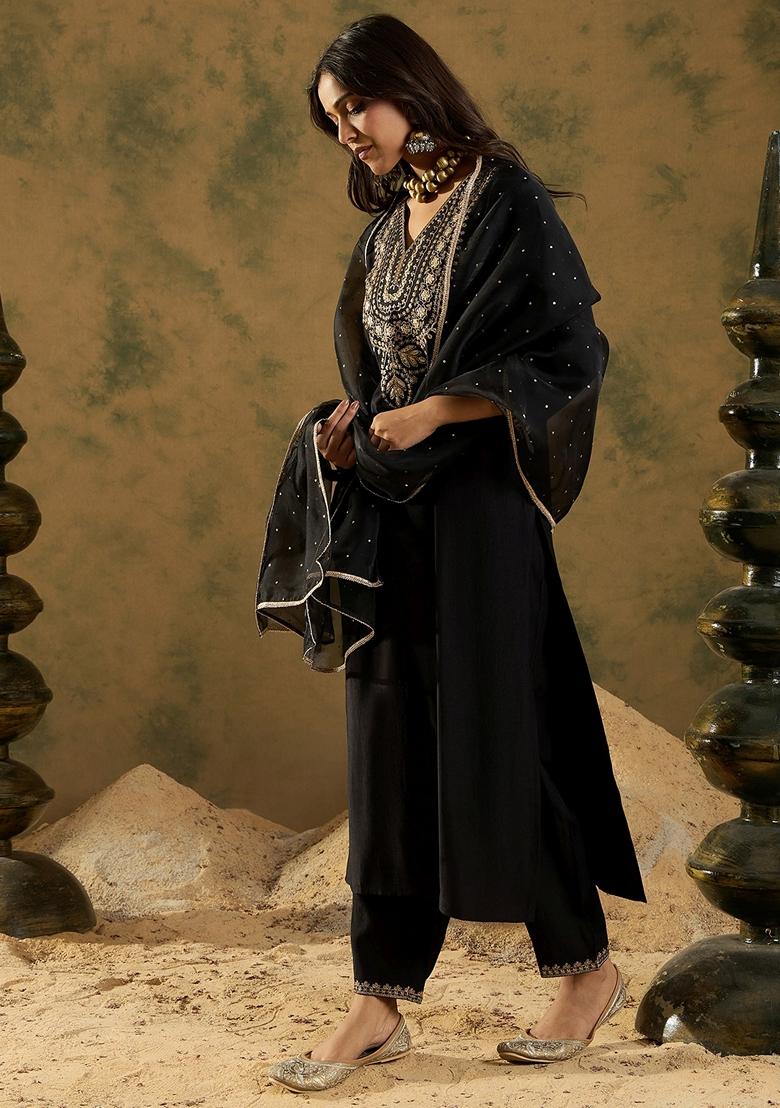 Black Embroidered Liva Salwar Kameez With Dupatta