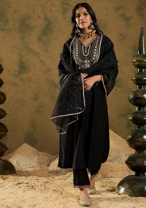Black Embroidered Liva Salwar Kameez With Dupatta