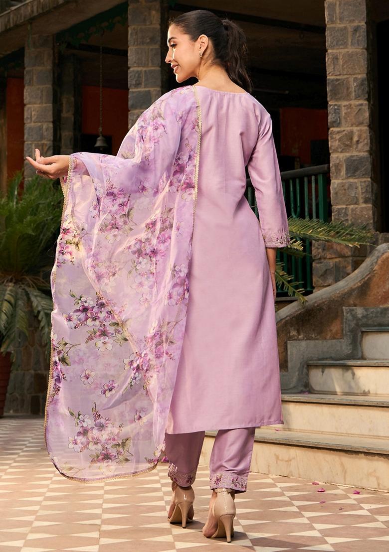 Purple Embroidered Silk Blend Salwar Kameez With Dupatta
