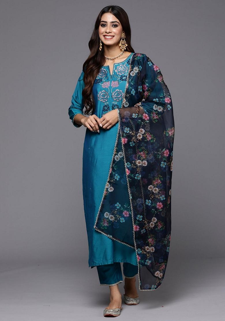 Teal Blue Embroidered Silk Blend Salwar Kameez With Dupatta
