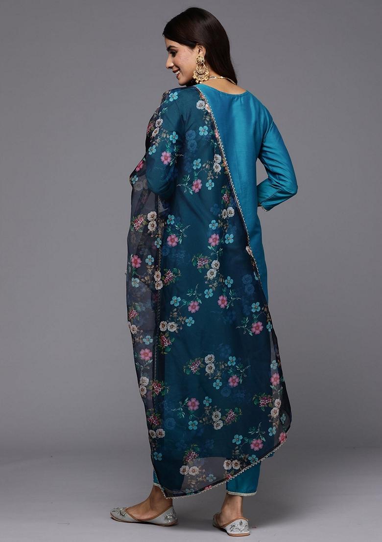 Teal Blue Embroidered Silk Blend Salwar Kameez With Dupatta