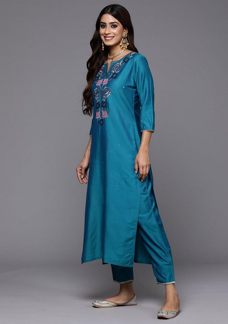 Teal Blue Embroidered Silk Blend Salwar Kameez With Dupatta