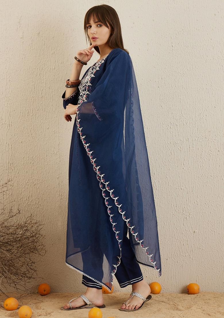 Navy Blue Embroidered Silk Blend Salwar Kameez With Dupatta