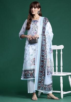 Blue Printed Silk Blend Salwar Kameez With Dupatta