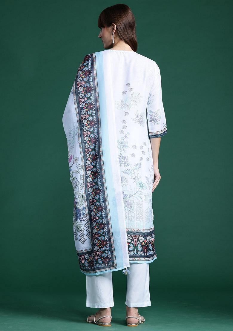 Blue Printed Silk Blend Salwar Kameez With Dupatta