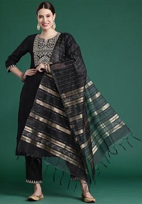 Black Embroidered Liva Salwar Kameez With Dupatta