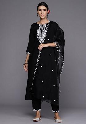 Black Embroidered Silk Blend Salwar Kameez With Dupatta