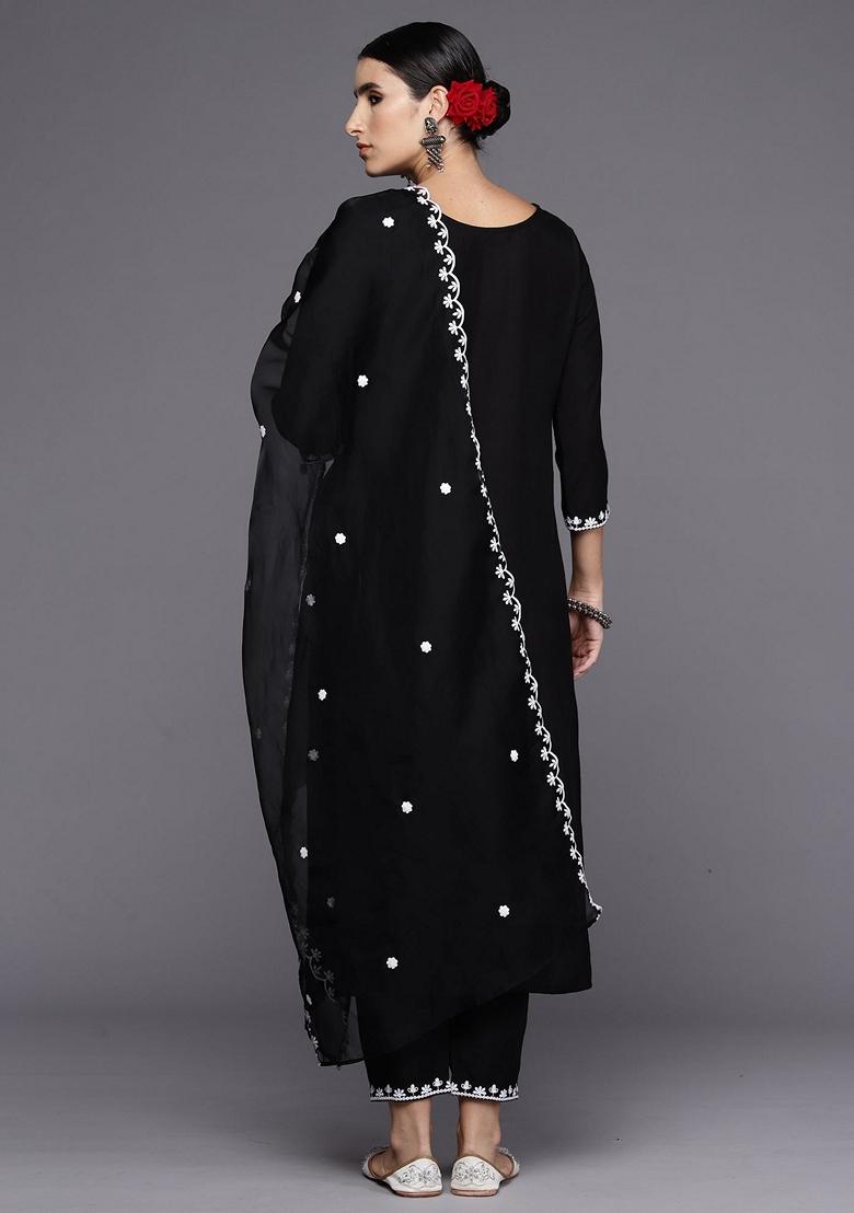 Black Embroidered Silk Blend Salwar Kameez With Dupatta