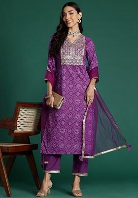 Purple Embroidered Pure Cotton Salwar Kameez With Dupatta
