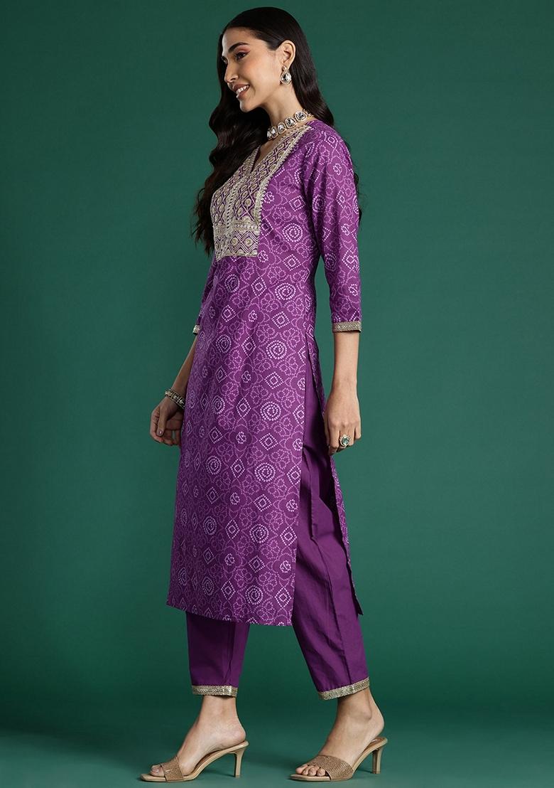 Purple Embroidered Pure Cotton Salwar Kameez With Dupatta