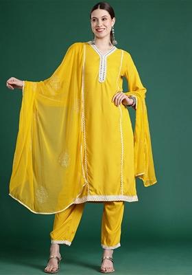 Yellow Embroidered Rayon Salwar Kameez With Dupatta
