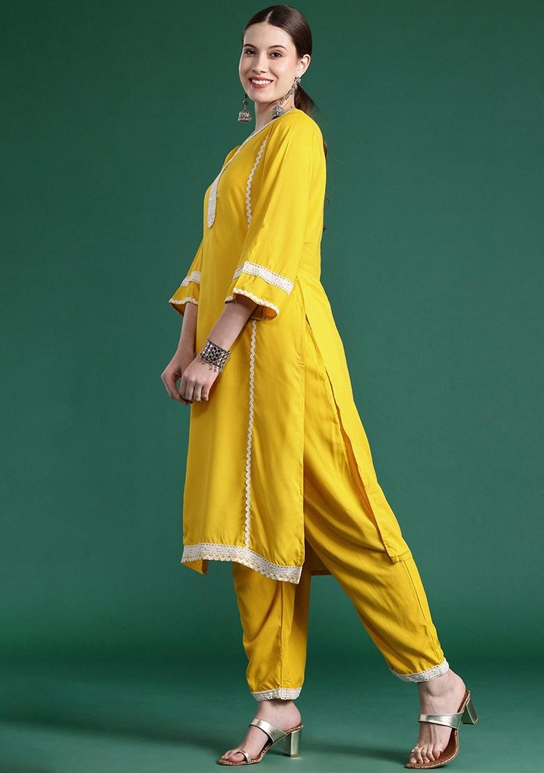 Yellow Embroidered Rayon Salwar Kameez With Dupatta
