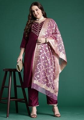 Purple Embroidered Liva Salwar Kameez With Dupatta