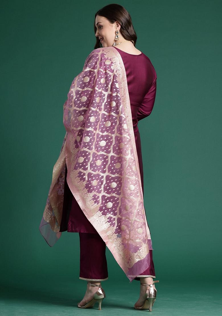 Purple Embroidered Liva Salwar Kameez With Dupatta
