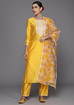 Yellow Embroidered Liva Salwar Kameez With Dupatta