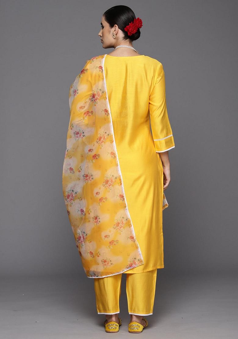 Yellow Embroidered Liva Salwar Kameez With Dupatta