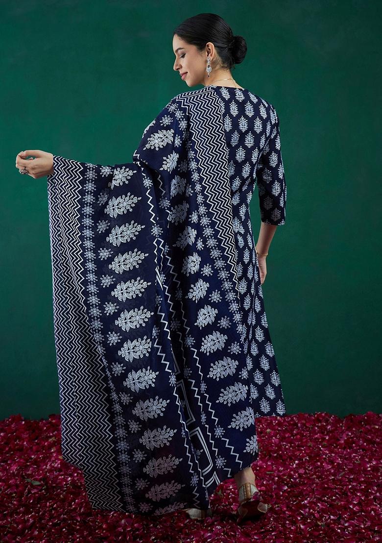 Blue Printed Cotton Blend Salwar Kameez With Dupatta