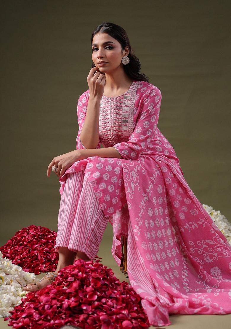 Pink Printed Pure Cotton Salwar Kameez With Dupatta