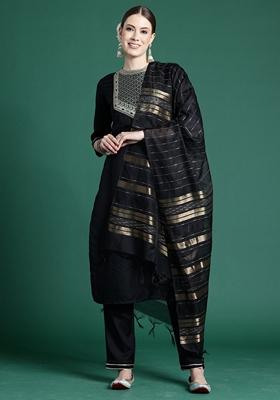 Black Self Design Pure Cotton Salwar Kameez With Dupatta