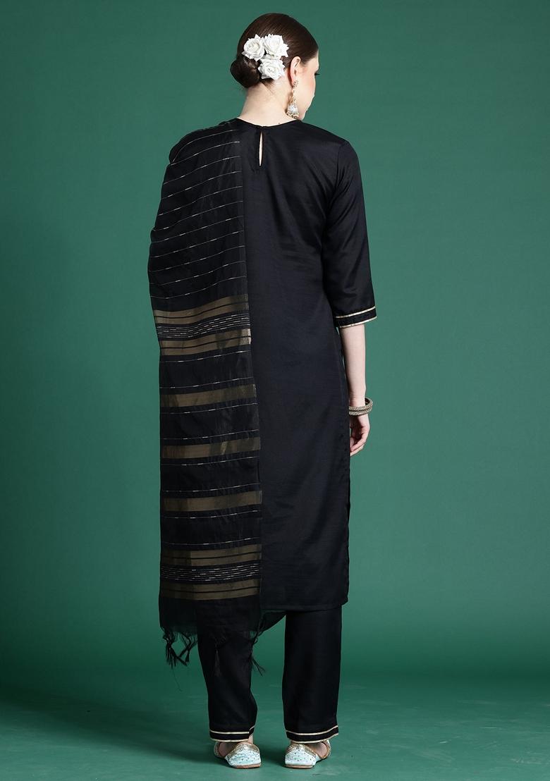 Black Self Design Pure Cotton Salwar Kameez With Dupatta