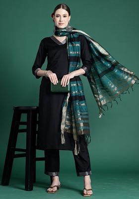 Black Self Design Pure Cotton Salwar Kameez With Dupatta