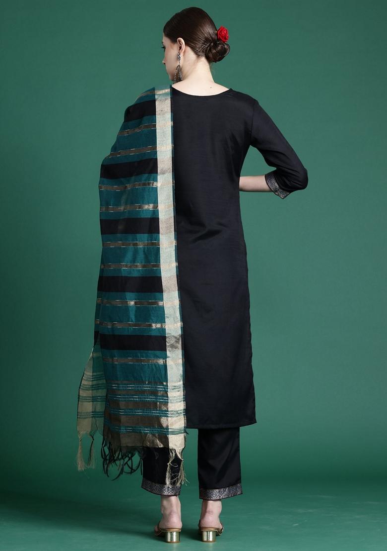 Black Self Design Pure Cotton Salwar Kameez With Dupatta