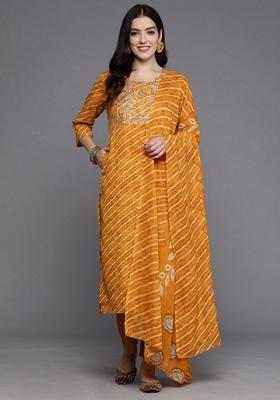 Mustard Yellow Printed Pure Cotton Salwar Kameez With Dupatta