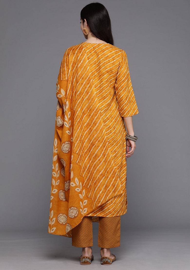 Mustard Yellow Printed Pure Cotton Salwar Kameez With Dupatta