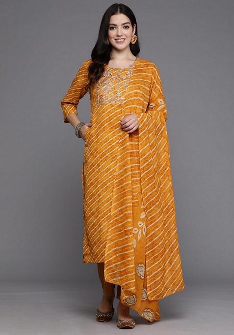 Mustard Yellow Printed Pure Cotton Salwar Kameez With Dupatta
