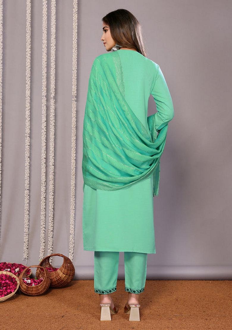 Green Embroidered Cotton Blend Salwar Kameez With Dupatta