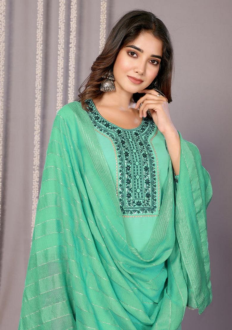 Green Embroidered Cotton Blend Salwar Kameez With Dupatta