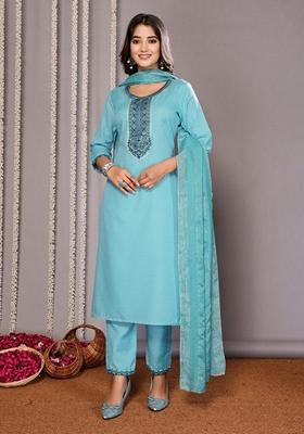 Turquoise Blue Embroidered Cotton Blend Salwar Kameez With Dupatta