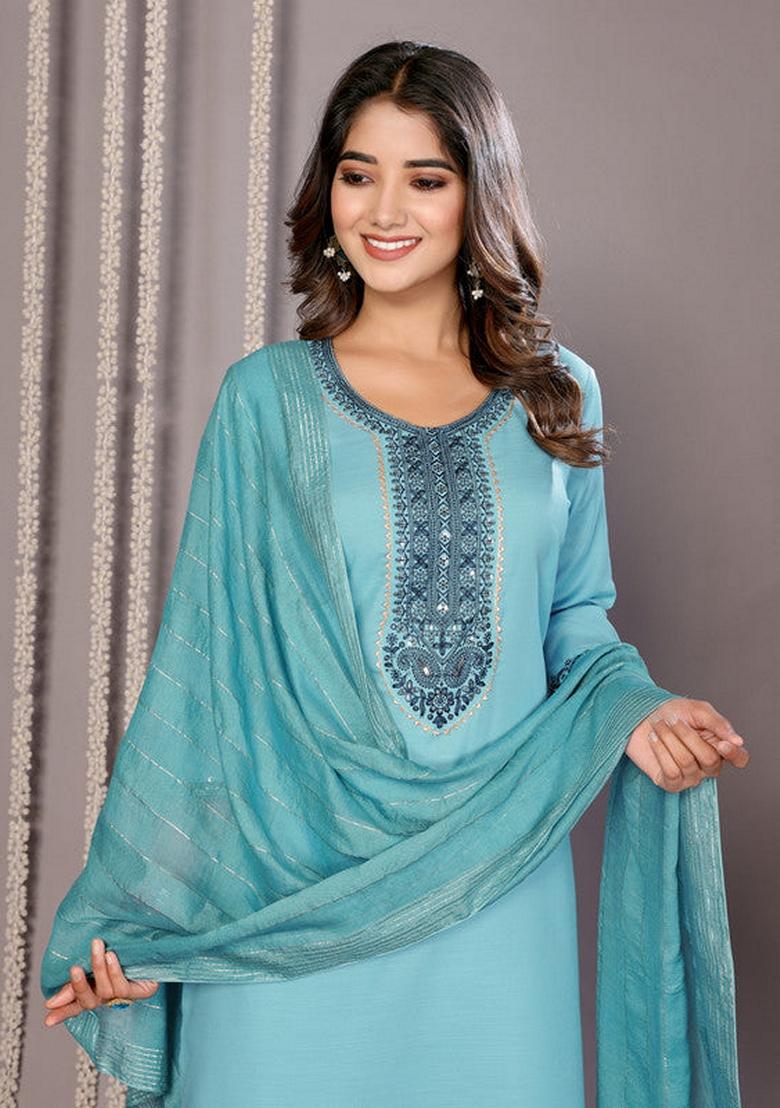 Turquoise Blue Embroidered Cotton Blend Salwar Kameez With Dupatta