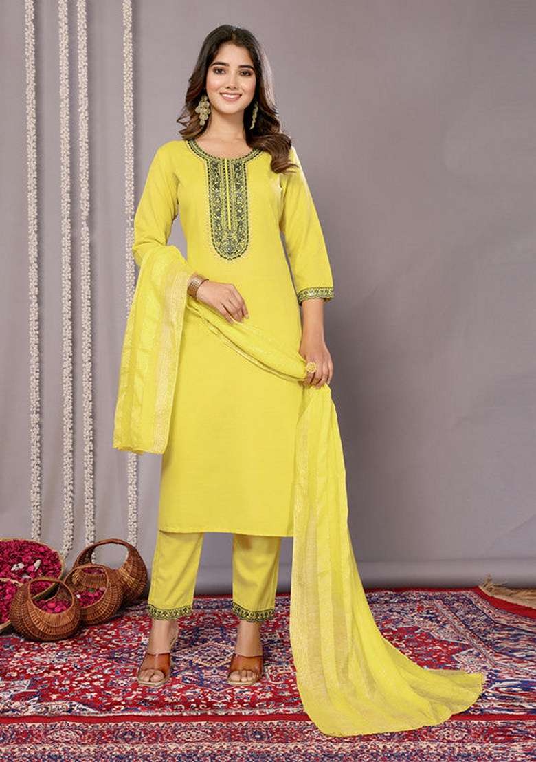 Yellow Embroidered Blended Straight Kurta Set - Indya